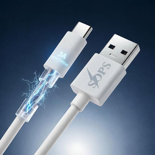 Image of 33W Fast Charging USB A to Type C Cable, 3A High Speed Charging & Data Sync Cable, Premium TPE USB C Charger Cable, Reinforced Connectors, 1 Meter, Compatible with USB Type-C Smartphone, White