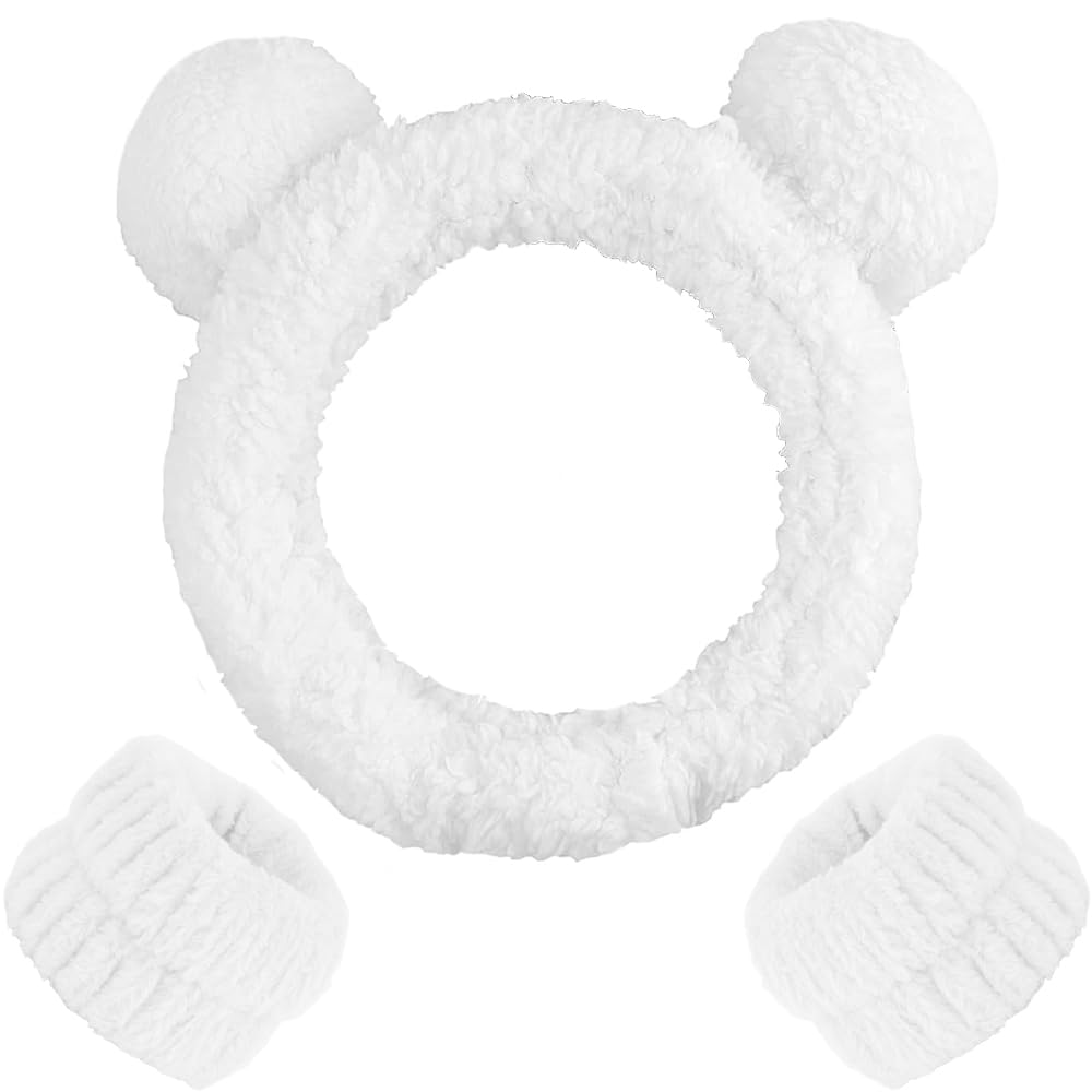AHONEY Spa Bear Ears Headband, Face Wash Headband and Wristband Set, Cute Makeup Skincare Headbands Wrist Bands for Washing Face for Women Girls Elastic Hair Band (White)