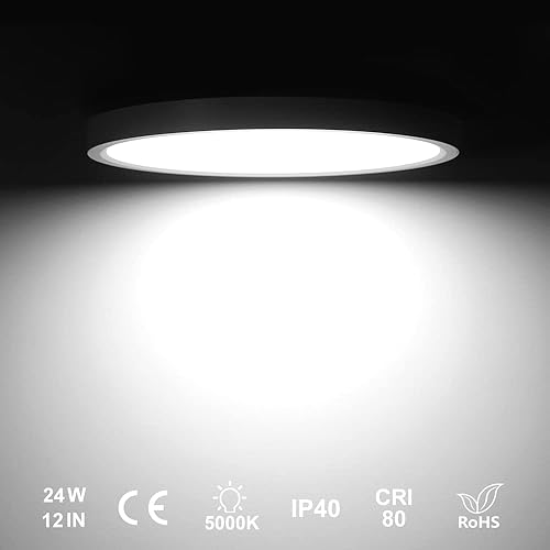 Miniatura 7 de Paquete de 2 lámparas LED de techo empotradas de 12 pulgadas, luz blanca diurna de 5000 K, 24 W 3200 LM, luces de techo planas redondas, luminosas y