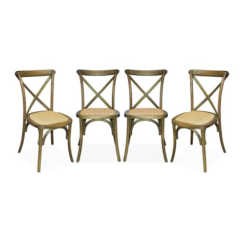 sweeek - Lot de 4 chaises de bistrot en Bois d'hévéa Marron Vieilli. Vintage. Assise en rotin. empilables