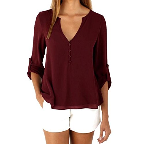 TOPUNDER Womens Loose Long Sleeve Chiffon Casual Blouse Shirt Tops Fashion Blouse (XL, Red)