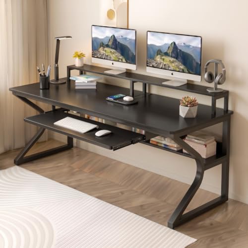 Image of TEKAVO Plik Computer Table for Home Pc | Office Table for Home | Shelf, Moniter Riser & Keyboard Tray, Laptop Table, Worktable, Study Table, Workstation | Black Wood, Metal, (150 Cm x 60 Cm) DIY