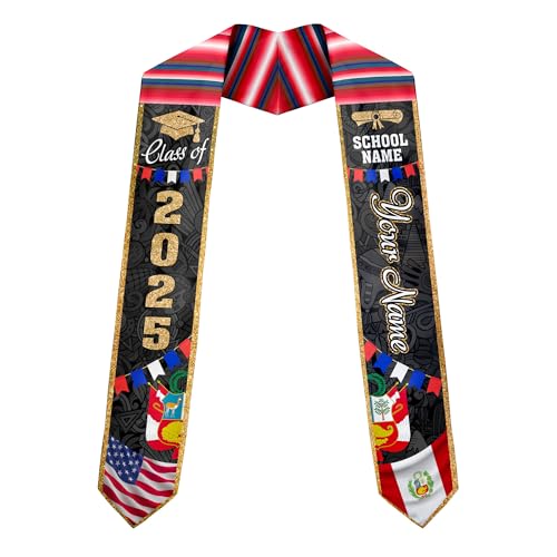 MonkeyVan Personalized Peruvian Graduation Sash, Custom Peruvians American Flag Graduation Stole 2025, Peru Graduation Stole S378