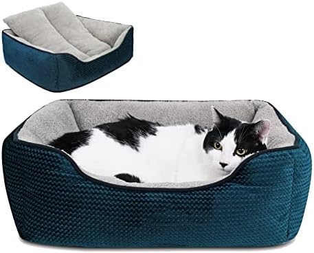 Miguel Cat Beds for Indoor Cats Washable, Rectangle Cat Beds with Removable Cushion for Small Dogs, Bolster Puppy Kitten Bed with Supportive Side Slip-Resistant Bottom, Blue 24 Inches