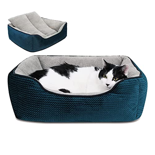 Miguel Cat Beds For Indoor Cats Washable, Rectangle Cat Beds With Removable Cushion For Small Dogs, Bolster Puppy Kitten Bed With Supportive Side Slip-Resistant Bottom, Blue 24 Inches #TOP28