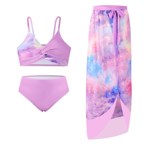 Teen Girls Swimsuit 3 Pieces Bikini Set Bathing Suit Twist Cross Tropical Floral Kids Swimwear with Cover Up 9-16T