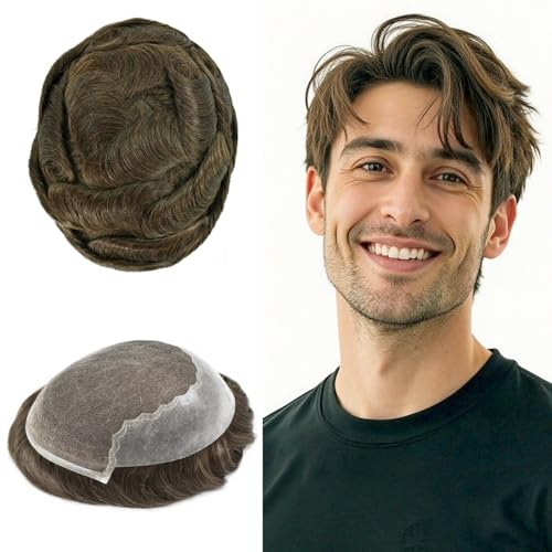 Toupee for Men Hair Replacement System Swiss Lace Front Mens toupee Bleached Knot Human Hair Gray Brown Black Blonde Men Hair Piece 8x10-100% Density, 4# Medium Brown