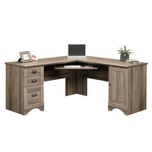 Bowery Hill L-Shaped Home Office Computer Desk In Salt Oak With Storage Drawers #TOP6