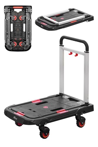 FIELDOOR 折りたたみ 台車 キャリーカート 車輪まで畳めるコンパクト設計 スリム 厚み 約8.5cm ハンドル高さ 3段階調整 荷崩れ防止ストッパー付き 滑り止め加工 小型 軽量 省スペース [ブラック×レッド]の商品画像（Amazon）