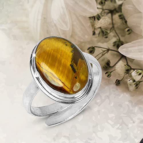 Image of Reiki Crystal Products Natural Certified Tiger Eye Ring, Tiger Eye Gemstone Ring, Adjustable, Golden & Brown