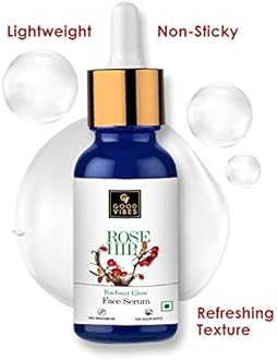 Good Vibes Rose Hip Radiant Glow Face Serum, 10 ml Light Weight Non Greasy Moisturizing Anti Ageing Formula For All Skin Types, Corrects Dark Spots, Natural, No Parabens & Sulphates, No Animal Testing
