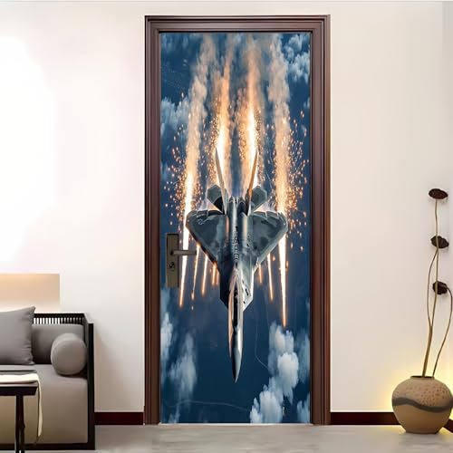 Sticker de porte 90x200 cm avion de combat moderne décoratif 3D