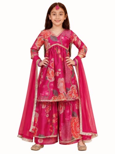Image of Preneum Girls's Cotton Rayon Gota Pati Multi Floral Printed Angrakha Kurta with Sharara & Dupatta