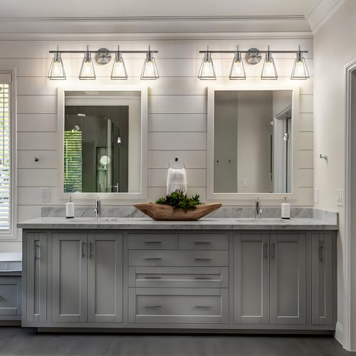 Image of Industrial Bathroom Vanity Lights: 4-Light Silver Brushed Nickel Vintage Metal Cage Wall Sconce - Rustic Farmhouse Light Fixture Over Mirrors Cabinet for Bath Hallway