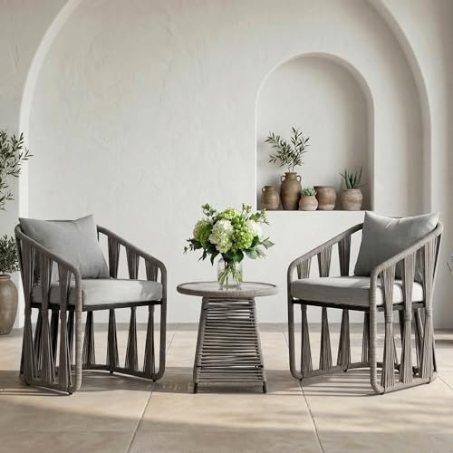Image of BRISHI 3 Piece Outdoor Patio Furniture Set | Two Seater Woven Rope Patio Chairs with Cushions & Glass Table | All Weather Garden Balcony Conversation Set for Porch, Lawn, Poolside, Backyard (Grey)