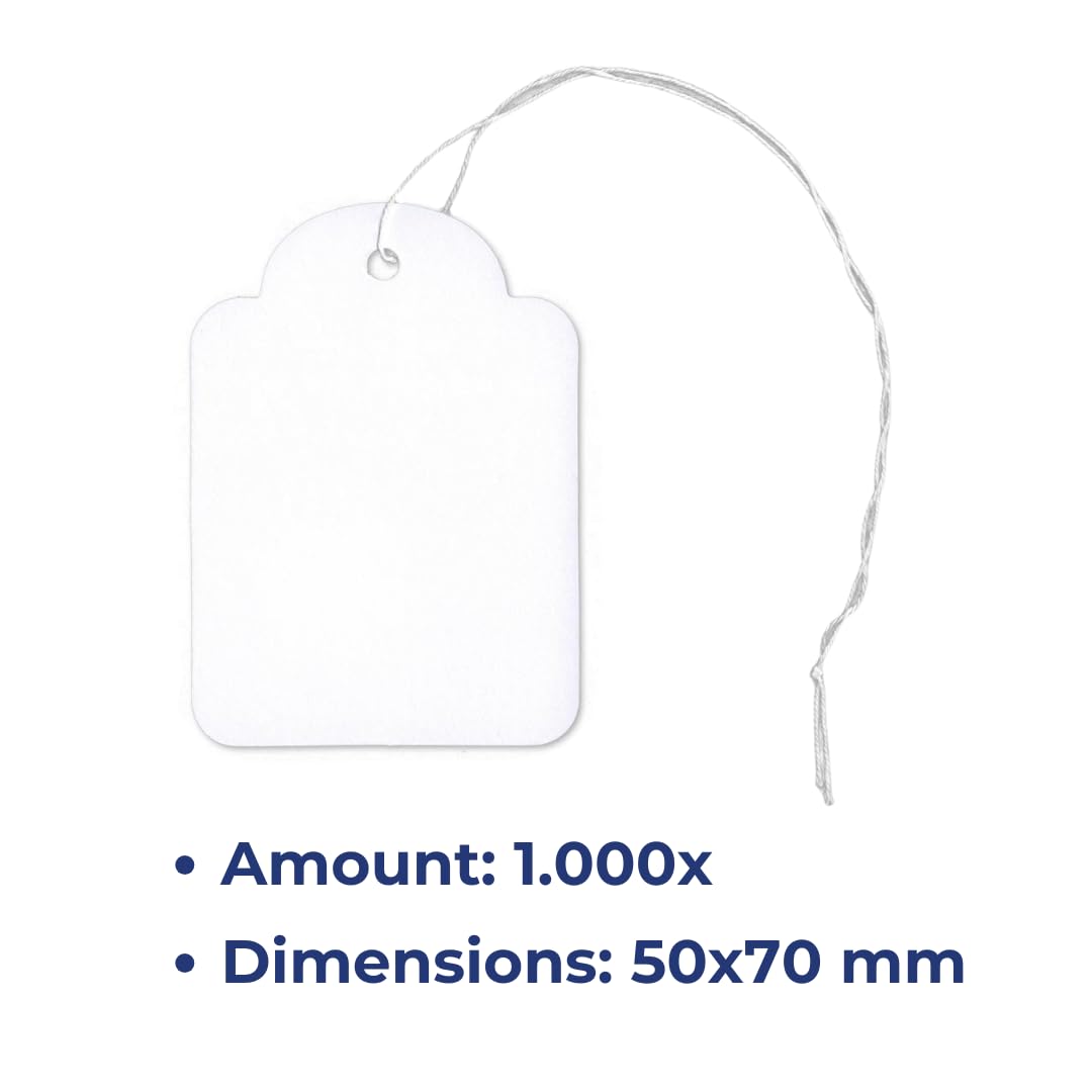 Pokornys – etichette con filo (50 x 70 mm) per vestiti, gioielli, accessori e molto altro ancora. – Cartellini per prezzi in cartone con filo di cotone – Adatto come etichetta da appendere (1000)