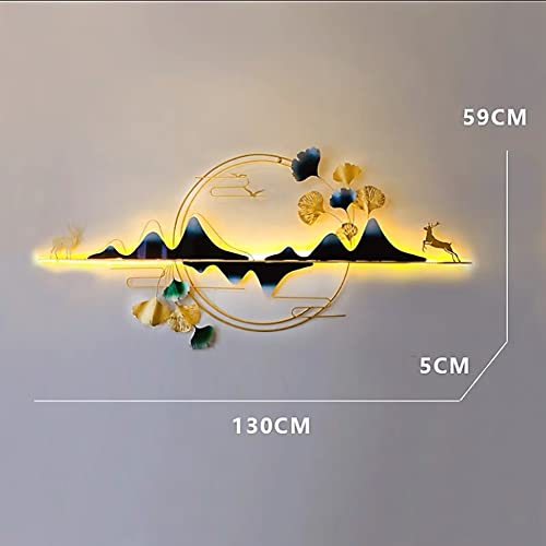 3D Metal Wall Decor Deer Ginkgo Biloba Leaves, Handmade Modern Home Decor Wall Sculptures Wall Hanging Artwork Decoration For Living Room Bedroom Kitchen 130X59Cm (Color : With Light) #TOP3