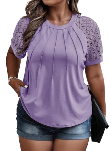 Image of Eytino Plus Size Tops for Women Summer Lace Short Sleeve Crewneck Loose Casual Blouse Tunic T Shirts(1X-5X)
