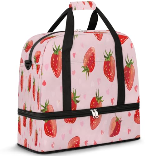 Travel Duffel Bags Heart Strawberry Pink Foldable Weekender Bags for Women with Shoes Compartment Waterproof & Tear Resistant Carry on Overnight Luggage Duffel Bag Shoulder Sports Tote Bag,B-265