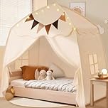 Little Dove Extra Large Kids Play Tent with Flags & Star Lights, Portable & Foldable Teepee, Boys & Girls, Indoor Outdoor Dome Tent Playhouse, 59x39x59 in, Cream