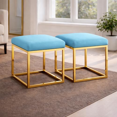 Image of Square Metal Ottoman /Sitting Stool /Living Room Furniture /Office, Velvet Footstool /Footrest Pouffes Home Decor (Set of 2 Sky) - 30.48 Cm, 38 Cm