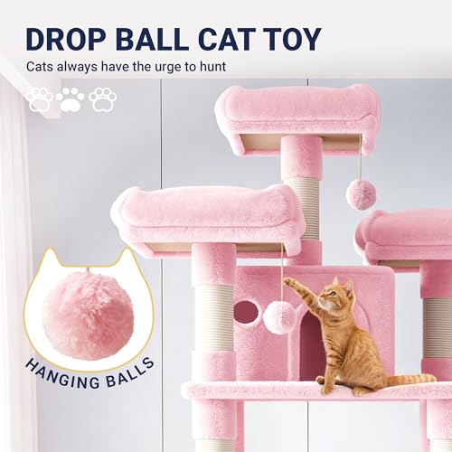 Image of Allewie 82 Inches Large Cat Tree /House /XXL Tall Cat Towers for Big Feline /Scratching Post /Multi-Level Large Kitty Climbing Tree with Condo /Pink