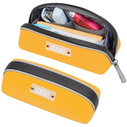 ECHSRT Pencil Case, Open Flat Pencil Pouch for Men Women, Small Pen Holder Bag for Adults, Portable Zipper Organizer Box for Office Stationery Home Travel, Yellow