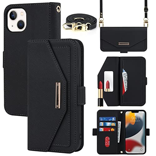 Cavor Cover Compatibile con iPhone 13 con Cordino,Flip Portafoglio Custodia Pelle,[Specchio][5 Porta Carte][Magnetico],Custodia Cover con Laccio Compatibile con iPhone 13 - Nero