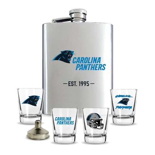 NFL Carolina Panthers Flask and Shot Glass Gift Set, Silver Stainless Steel, 8oz Flask with Four 2oz Glasses