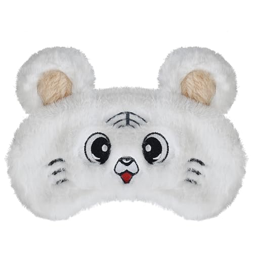 Image of Ulife Mall Funny Cute Tiger Sleep Mask Soft Fluffy Plush Blindfold Funny Novelty Fruits Eye Mask Eye Cover Shade for Girls Boys Women Men Night Nap Travel Meditation,White A