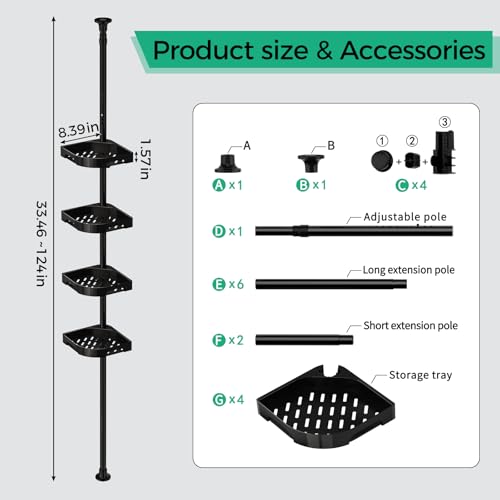 Image of shuang qing 4-Tier Corner Shower Caddy Tension Pole Organizer (Black) | 4-Tier rotating shelves with hooks, adjustable tray height, upgraded rustproof metal pole, removable trays for shower storage