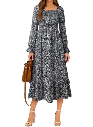 Dokotoo Boho Dresses for Women 2025 Casual Floral Square Neck Long Sleeve Smocked Elastic Waist Tiered Ruffle Hem Maxi Dress