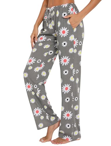 ENJOYNIGHT Damen Schlafanzughose Lang Baumwolle Pyjamahose Print Schlafhose Freizeithose mit Taschen und Kordelzug (X-Large,Blume)