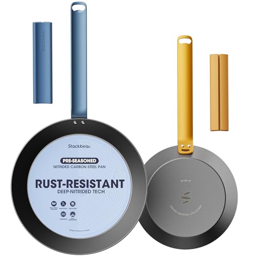 stackbear Carbon Steel Frying Pan Set 8 & 10 Inch, Nitrided Carbon Steel Skillet Duo, Preseasoned Rust Resistant Cookware, Induction & Oven Safe Kitchen Cooking Pans