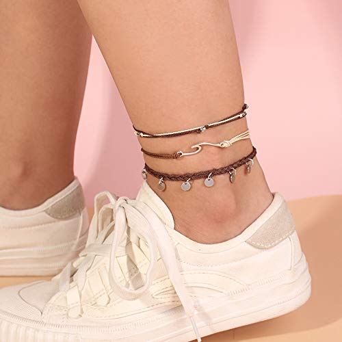 Image of Waterproof String Anklets Cute Beaded Ankle Bracelets Beach Wave Anklet Stainless Steel Coin Boho Ankle Jewelry for Women
