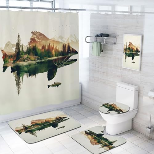 4 Pcs Rusticd Fish Bathroom Shower Curtain Set with Rugs,Toilet