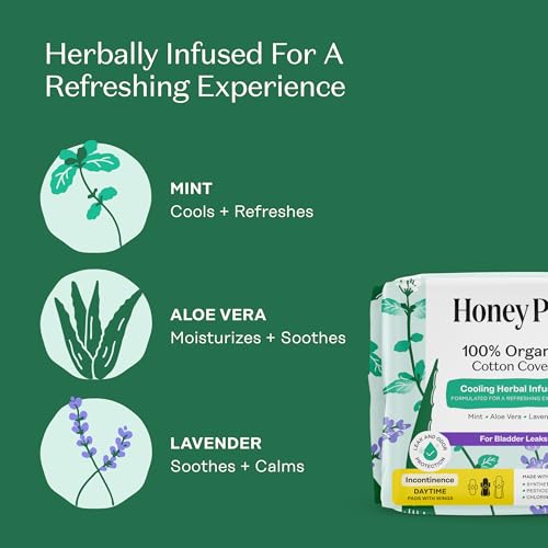 Image of The Honey Pot Company - Cooling - Daytime - Incontinence Pads for Women | Cooling Effect - Infused w /Mint, Aloe, Lavender - Organic Cotton Cover - Bladder Leak Control - Feminine Care - 16ct