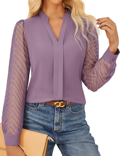 Sheer Long Sleeve Tops for Women Business Casual Blouse V