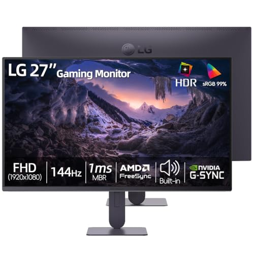 Image of LG 27 inch Gaming Monitor, Full HD 1080p IPS Display, 144Hz Refresh Rate, 1ms MBR, NVIDIA G-Sync Compatible & AMD FreeSync, HDR10 sRGB 99%, Built-in Speakers, HDMI& DP, Height & Tilt Adjustable Stand