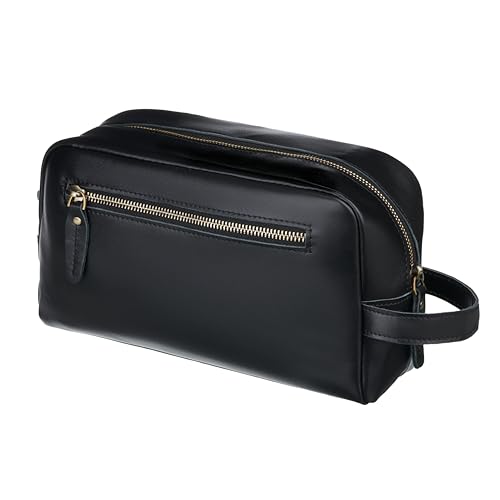 Awesometik Mens Travel Bag Toiletries Organizer Case for Grooming, Toiletry Bag for Men, Travel Essentials Shaving Dopp Kit, Geniune Leather Water Resistant Cosmetic Bag Pouch (Black)