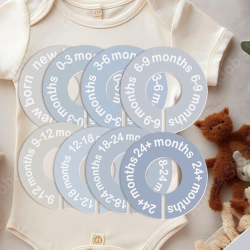 Image of cephira Baby Closet Dividers for Clothes 0-24 Months, 8 Pack mini Round Size Markers, Double-Sided, Fits Most Rods, Blue Nursery Clothing Organizer & Wardrobe Decor