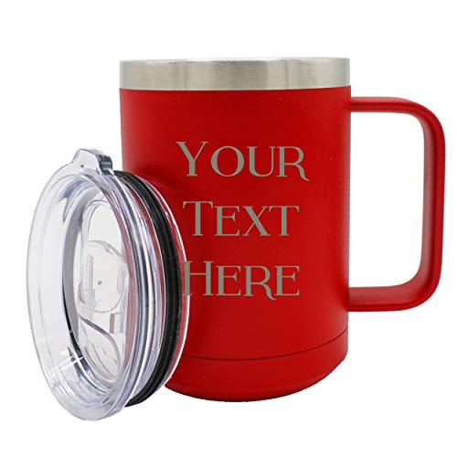 My Personal Memories Customized 15 oz Insulated Coffee Mug Travel Tumbler with Handle and Lid - Monogrammed and Engraved with Your Text (Red)