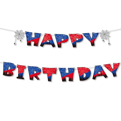 Pancarta Cumpleaños de Araña, Decoración para Fiesta Arañas Pancarta de Feliz Cumpleaños Papel Colorido Guirnalda Colgante para Niños Decoración Fondo con Temática Héroe