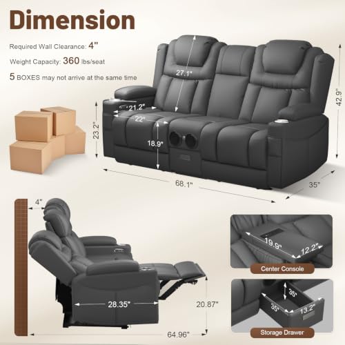 Image of Power Loveseat Recliner Sofa with Console, Wall Hugger Reclining Loveseat with Reading Light, Home Theater Seating with LED Lights, Zero Gravity Recliner Couch for RV Couch and Living Room
