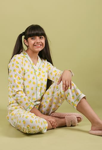 Image of Tweeny Mini Kids Girls Pure Rayon Night Suit | Sleepwear| Night Wear | Nightdress | Top Shirt & Pyjama Combo Set Floral Printed with Pockets Full Sleeves