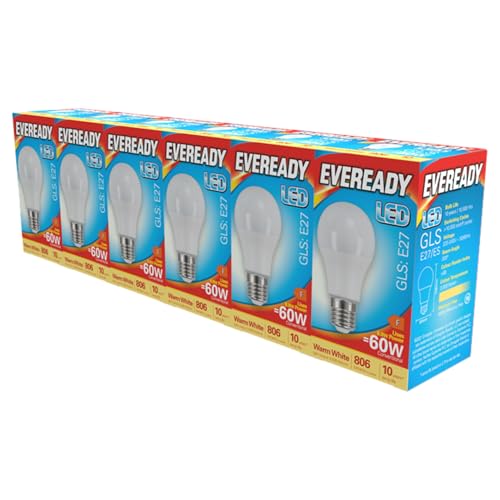 Image of EVEREADY GLS E27 LED Bulb 8.8W Replaces 60W Warm White (3000k) 806 Lumens Non-Dimmable Light Bulb. Pack of 6 Bulbs.