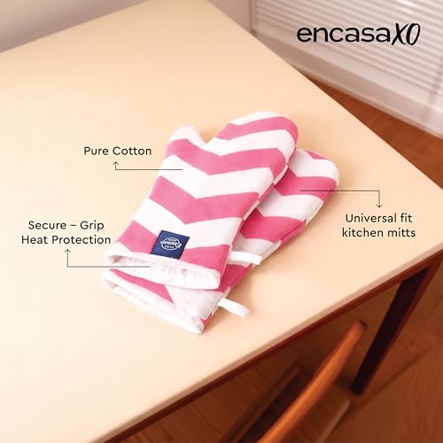Image of Encasa XO Extra Long 18x35 cm Microwave Oven Gloves Mitts (2 pcs) for Kitchen Cooking - ZZ Magenta - Heat Resistant, Thick & Safe, Protection of Hands from Hot Utensils, Gas Flame, Grill, Barbecue