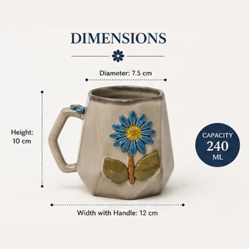 Image of Handmade Ceramic Coffee Mug with 3D Blue Daisy Flower, Handpainted Pottery Tea Cup, Microwave Safe, Dishwasher Safe, BPA Free, 240ml Floral Mug for Coffee Tea & Beverages