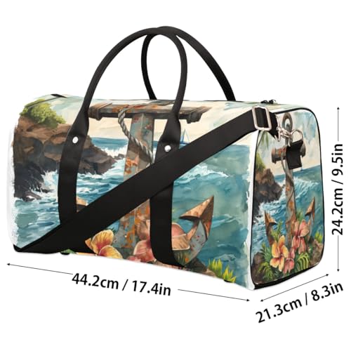 Travel Duffel Bag, Ocean Anchor Tropical Flower Sports Tote Gym Bag Foldable Western Aztec Weekender Bag Carry on Luggage Handle Bag Overnight Shoulder Bag for Women Men,A-4854