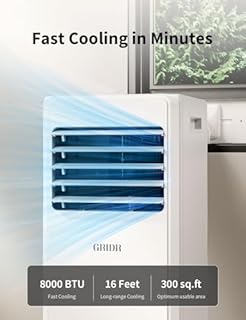 GRIDR Portable Air Conditioners, 8,000 BTU AC Unit for Bedroom with 4 Modes Cooling/Dehumidifier/Fan/Sleep, Up to 300 sq.ft, 45db Quiet, 24H Timer & Remote, Portable AC Unit for Room Indoors